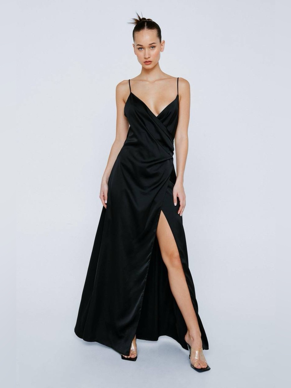 Nasty Gal Black Satin V Neck Wrap Maxi Dress